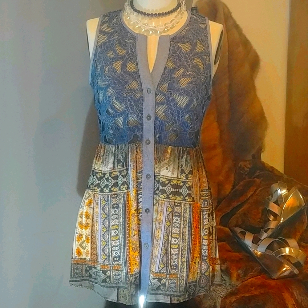 Gimmicks Boho Hippie Inspired Jean n Netting Vest